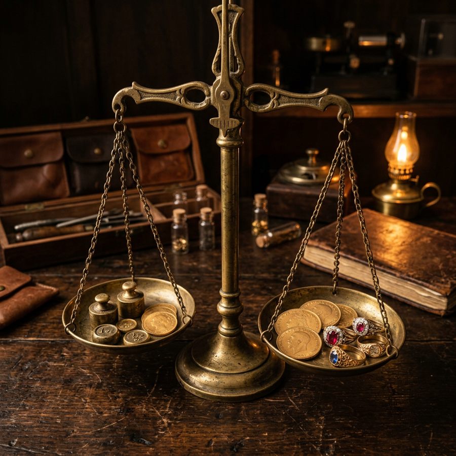 Antique brass scales weighing gold sovereign coins and gemstone rings